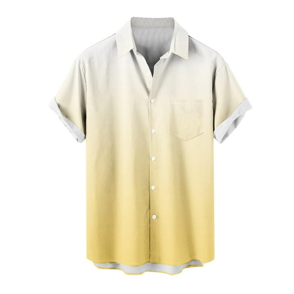 ZCFZJW Mens Hawaiian Tops Regular Fit Casual Summer Big and Tall Ombre T-Shirts Short Sleeve Button Down Beach Vacation Tees Tops with Pockets Yellow XXL