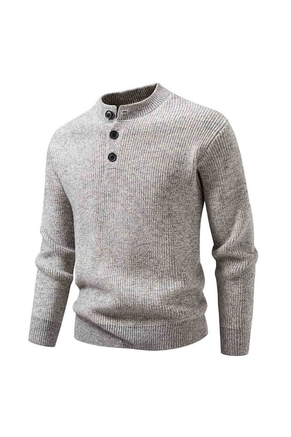 Mens Henely Sweaters Casual Waffle Pullover Sweater Half Button up Mock Neck Stretchy Textured Knit Sweaters Tops Gray XXL