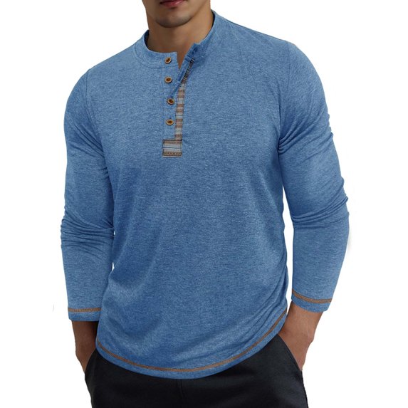 ZCFZJW Mens Henley Long Sleeve Shirts Front Placket Lightweight Casual Fall Button up T-Shirts Washed Soft Classic Tee Light Blue XL