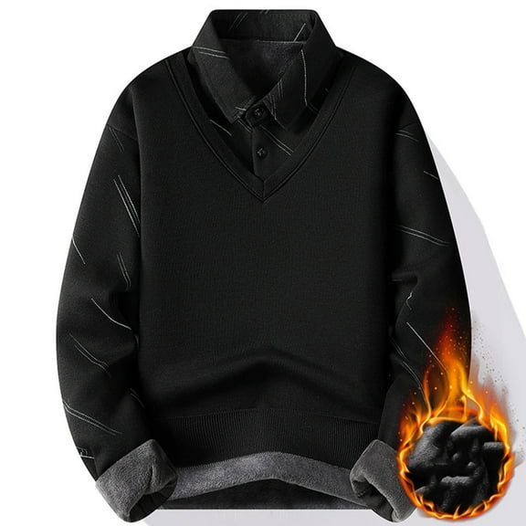ZCFZJW Mens Henley Neck Sweater Long Sleeve Chunky Sweatshirt Casual Sherpa Warm Fleece Pullover Tops Thicken Fake Two Piece Shirts M