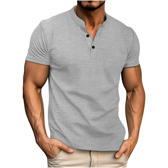 ZCFZJW Mens Henley Shirts Casual Summer Short Sleeve 1/4 Button up V Neck Solid Color Basic Workout Tees Shirt Lightweight Comfy Pullover Tops Gray XXXL