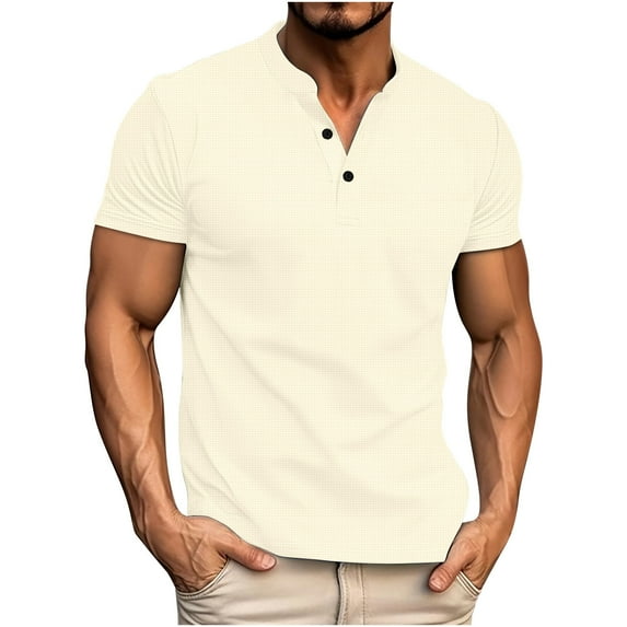 ZCFZJW Mens Henley Shirts Casual Summer Short Sleeve 1/4 Button up V Neck Solid Color Basic Workout Tees Shirt Lightweight Comfy Pullover Tops Khaki S