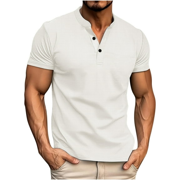 ZCFZJW Mens Henley Shirts Casual Summer Short Sleeve 1/4 Button up V Neck Solid Color Basic Workout Tees Shirt Lightweight Comfy Pullover Tops White M