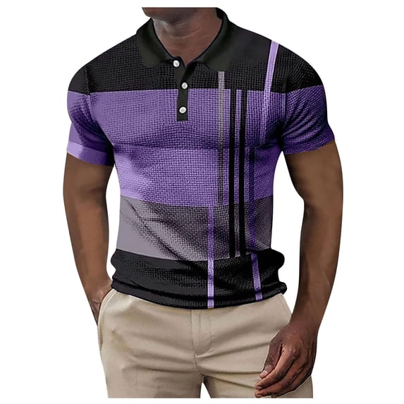 ZCFZJW Mens Henley Shirts Trendy Button Down Color Block Print Summer Short Sleeve Ribbed T-Shirts Casual Lapel V Neck Pullover Tshirt Tops Purple XXL