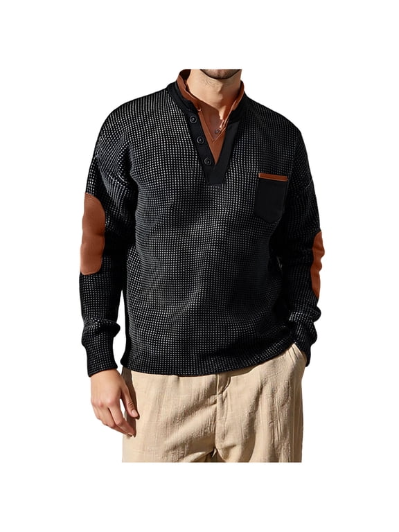Mens Henley Sweaters Lightweight Casual Elbow Patch Long Sleeve 1/4 Button up Waffle Knitted Pullover Tops Loose Fit Basic Sweatshirts with Pockets Black S