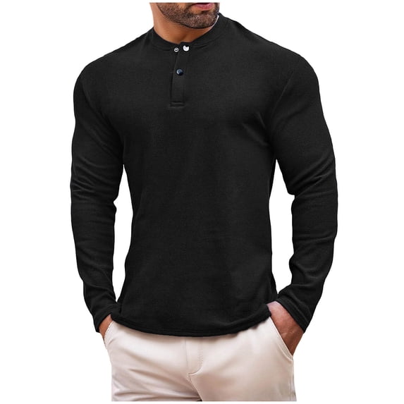 ZCFZJW Mens Henley T-Shirts Lightweight Dress Long Sleeve Lightweight Casual Slim Fit Basic Collarless Quarter Button Pullover Tops Black XXXL