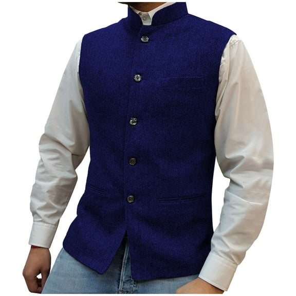 ZCFZJW Mens Herringbone Wool Vests Suit Business Tweed High Collar Waistcoats Slim Fit for Wedding Groomsmen Dark Blue XXXL