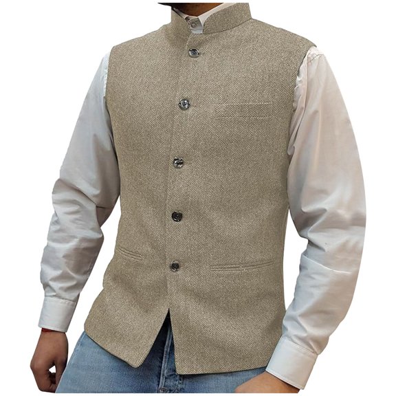 ZCFZJW Mens Herringbone Wool Vests Suit Business Tweed High Collar Waistcoats Slim Fit for Wedding Groomsmen Khaki L