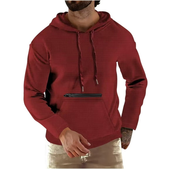 ZCFZJW Mens Hooded Coat Lightweight Casual Drawstring Long Sleeve Hoodie Sweatshirts Loose Regular Fit Comfy Pullover Outwear Coat with Pockets Red S