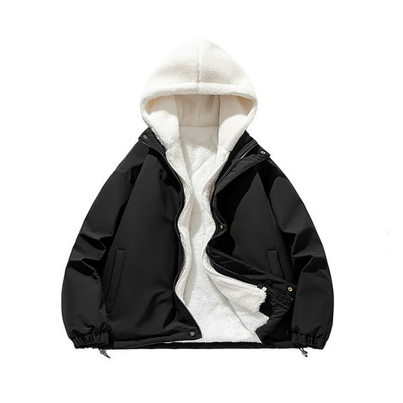 ZCFZJW Mens Hooded Puffer Jackets Thicken Sherpa Fleece Lined Winter Warm Down Jacket Full Zip up Long Sleeve Hoodie Outwear Coat with Pockets Black XXL