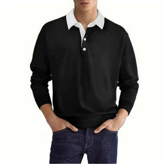 ZCFZJW Mens Knit Polo Shirts Casual Splicing Lapel Collar Long Sleeve Classic Polo Shirts Button Down Golf Shirts Regular Fit Comfy Athletic Pullover Sweatshirts Black L