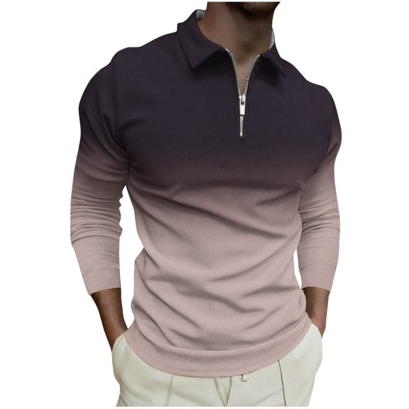 ZCFZJW Mens Knit Polo Shirts Casual Tie Dye Gradient Print Big and Tall Regular Fit Long Sleeve Quarter Zip Polo Sweater Classic Golf Shirts Rose Gold M