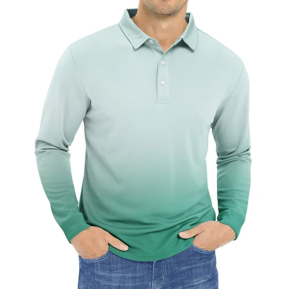 ZCFZJW Mens Knit Polo Shirts Casual Tie Dye Gradient Print Long Sleeve Classic Polo Shirts Button Down Golf Shirts Loose Fit Henley Tops White L