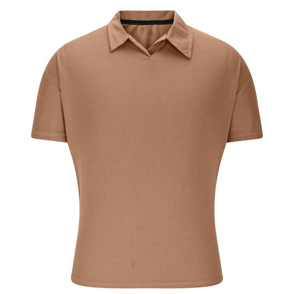 ZCFZJW Mens Knit Polo Shirts Lightweight Casual Summer V Neck Short Sleeve Stretch Collared Basic Workout T Shirt Casual Golf Shirts Khaki XL