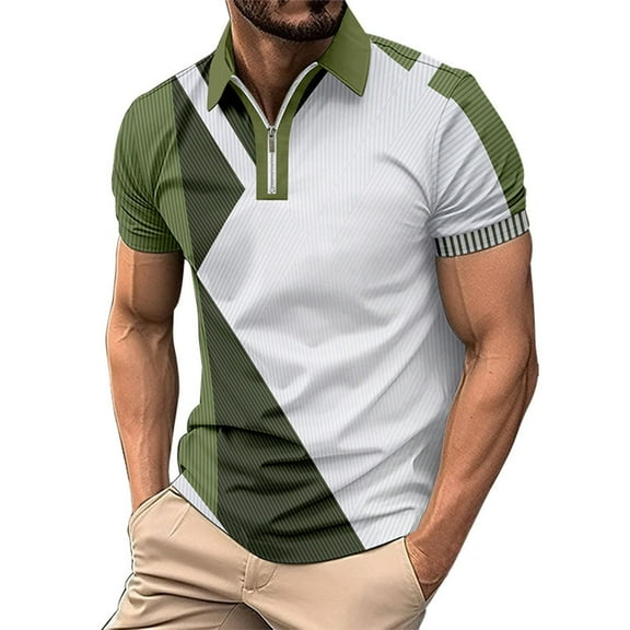 ZCFZJW Mens Knit Polo Shirts Short Sleeve Quarter Zip Polo Casual Color Contrast Print Collar T Shirts Retro Polo Shirt Classic Golf Shirt Army Green L
