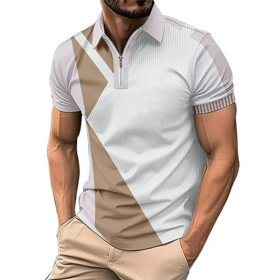 ZCFZJW Mens Knit Polo Shirts Short Sleeve Quarter Zip Polo Casual Color Contrast Print Collar T Shirts Retro Polo Shirt Classic Golf Shirt Khaki M