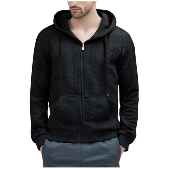 ZCFZJW Mens Knitted Hoodie Sweater Fall Winter Casual Long Sleeve Turtleneck Full Zip up Drawstring Hooded Pullover Sweaters with Kangaroo Pocket Black M