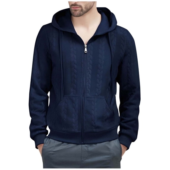 ZCFZJW Mens Knitted Hoodie Sweater Fall Winter Casual Long Sleeve Turtleneck Full Zip up Drawstring Hooded Pullover Sweaters with Kangaroo Pocket Navy XXXL
