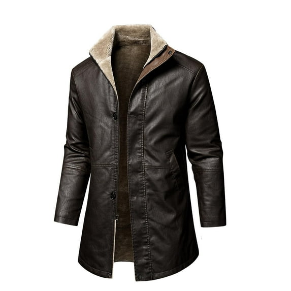 ZCFZJW Mens Leather Jacket 3/4 Length Faux Leather Fur Coat Warm Winter Long PU Leather Motorcycle Jacket Lined Duster Trench Coat Coffee S