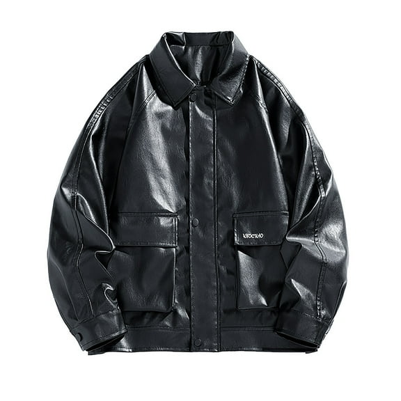 ZCFZJW Mens Leather Jacket Vintage Oversized Black Leather Jacket Fall Winter Long Sleeve Casual Zip-Up Motorcycle Jacket with Pockets Black L
