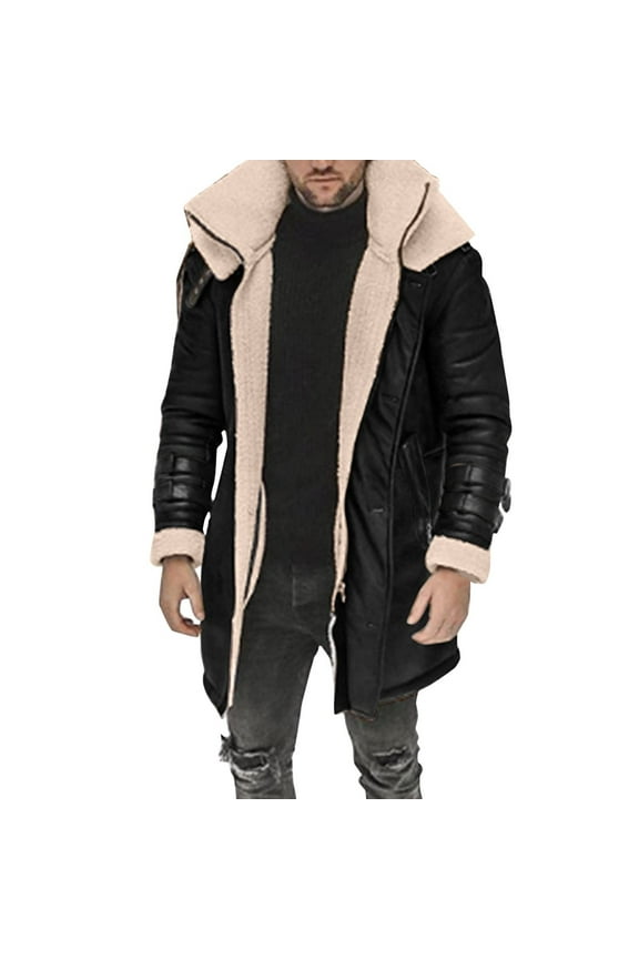 Mens Leather Sherpa Fleece Lined Jacket Winter Warm Zipper Lamb Velvet Trucker Jackets Collar Shearling Motorcycle Trench Coats Black XL