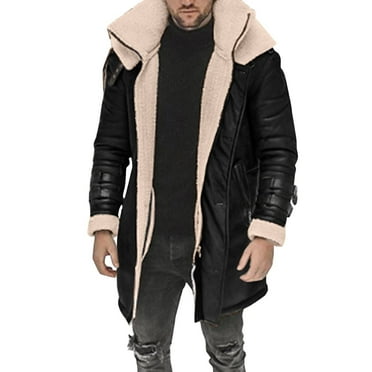 ZCFZJW Mens Leather Sherpa Fleece Lined Jacket Winter Warm Zipper Lamb Velvet Trucker Jackets Collar Shearling Motorcycle Trench Coats Black XXL