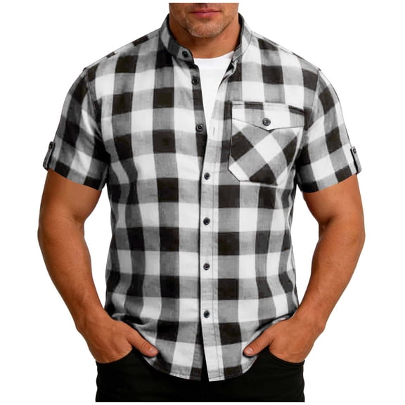 ZCFZJW Mens Lightweight Casual Plaid Button Down Short Sleeve Shirt with Chest Pocket Summer Band Collar Beach Vacation Tees Shirt Tops Black XL