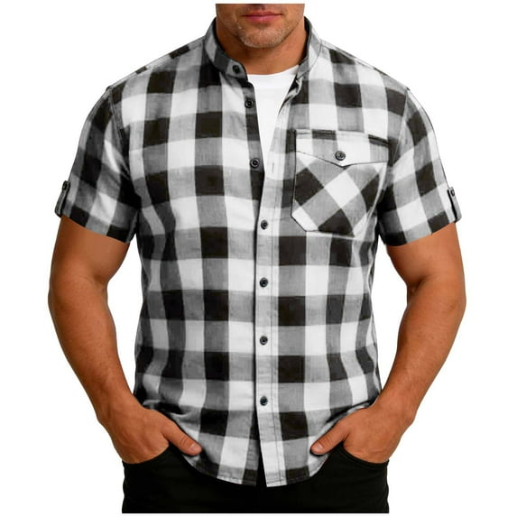 ZCFZJW Mens Lightweight Casual Plaid Button Down Short Sleeve Shirt with Chest Pocket Summer Band Collar Beach Vacation Tees Shirt Tops Black XL