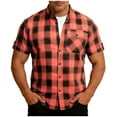 thumbnail image 1 of ZCFZJW Mens Lightweight Casual Plaid Button Down Short Sleeve Shirt with Chest Pocket Summer Band Collar Beach Vacation Tees Shirt Tops Orange S, 1 of 7