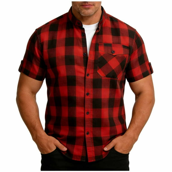 ZCFZJW Mens Lightweight Casual Plaid Button Down Short Sleeve Shirt with Chest Pocket Summer Band Collar Beach Vacation Tees Shirt Tops Red XXXL