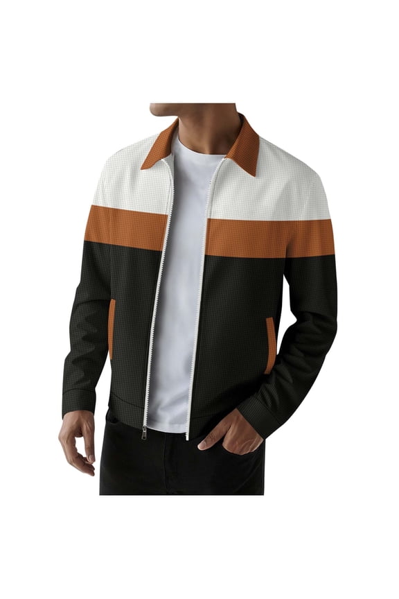 Mens Lightweight Jacket Casual Full Zip up Long Sleeve Bomber Jacket Striped Color Block Varsity Coat with Pockets Coffee XXL