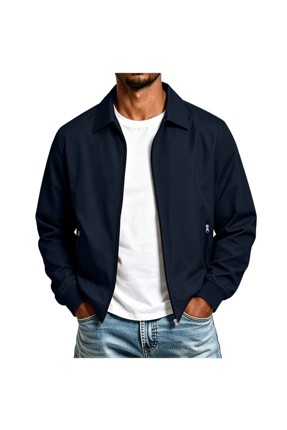 Mens Lightweight Jackets Full Zip up Casual Stylish Windbreakers Loose Fit Work Office Light Track Jacket Laydown Collar Fall Golf Coats with Pockets Navy M