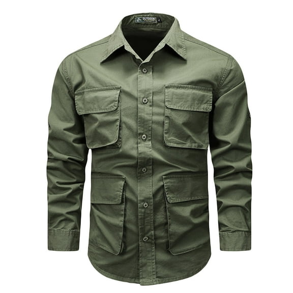 ZCFZJW Mens Lightweight Safari Jacket Lightweight Casual Button Up Shirts Long Sleeve Cotton Outdoor Military Cargo Outwear Tops Army Green XXL