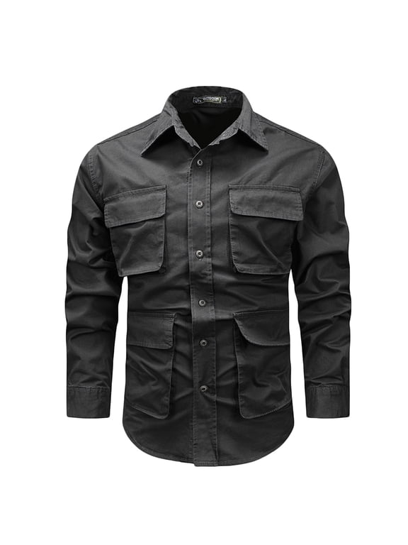 Mens Lightweight Safari Jacket Lightweight Casual Button Up Shirts Long Sleeve Cotton Outdoor Military Cargo Outwear Tops Black M