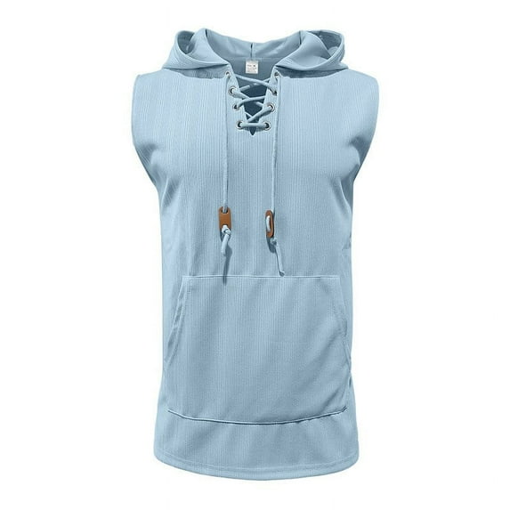 ZCFZJW Mens Lightweight Thin Hoodie Tank Tops Trendy Solid Color Casual Summer Sleeveless Cross Bandage V Neck Hooded Pullover T-Shirts with Pockets Light Blue XL