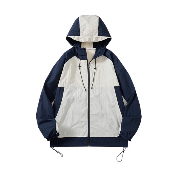 ZCFZJW Mens Lightweight Thin Jackets Casual Color Block Patchwork Print Long Sleeve Full Zip up Hooded Raincoat Quick Dry Outdoor Fashion Shirts Blue XXL