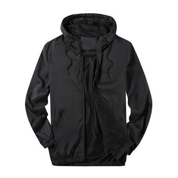 ZCFZJW Mens Lightweight Waterproof Coated Hooded Rain Jacket- Light Windbreaker Raincoat for Men Casual Long Sleeve Fall Winter Hoodie Outwear Tops with Pockets Black L