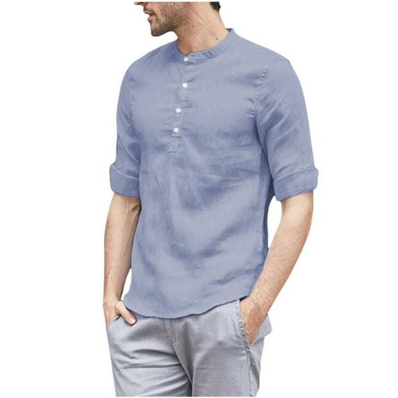 ZCFZJW Mens Linen Shirts Casual Cotton 3/4 Sleeve Regular-Fit Henley T-Shirt Lightweight Summer Beach Vacation Tees Yoga Shirt Tops Blue XXL