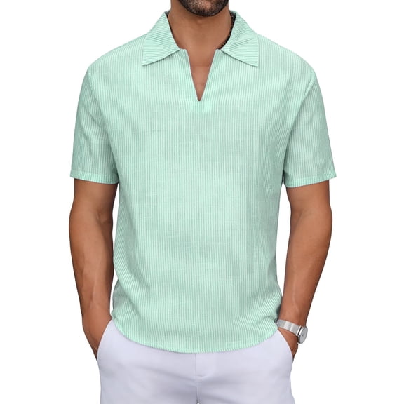 ZCFZJW Mens Linen T-Shirts Casual V Neck Golf Shirt Striped Soft Collared Cotton Tees Lightweight Summer Short Sleeve Casual Daily Work Tops Vacation Shirts Green XXL