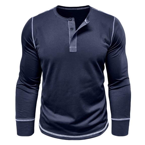 ZCFZJW Mens Long Sleeve Athletic Tee Shirts Casual Basic Henley Shirts Lightweight Cotton Soft Classic Fit Basic T-Shirts Tops Dark Blue S