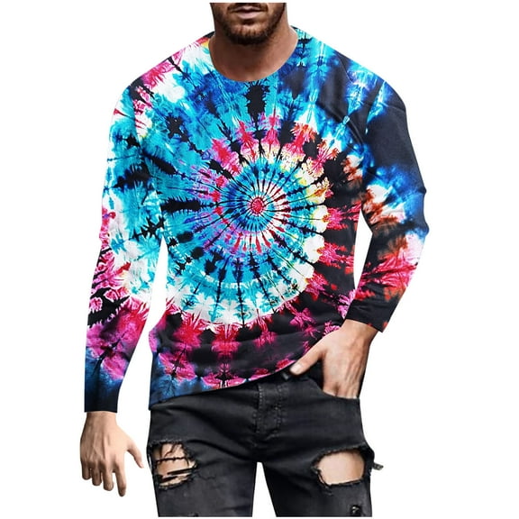 ZCFZJW Mens Long Sleeve Bleached T-Shirts Casual Tie Dye Print Crewneck Pullover Sweatshirts Loose Lightweight Comfy Graphic Athletic Tees Tops Blue#01 L