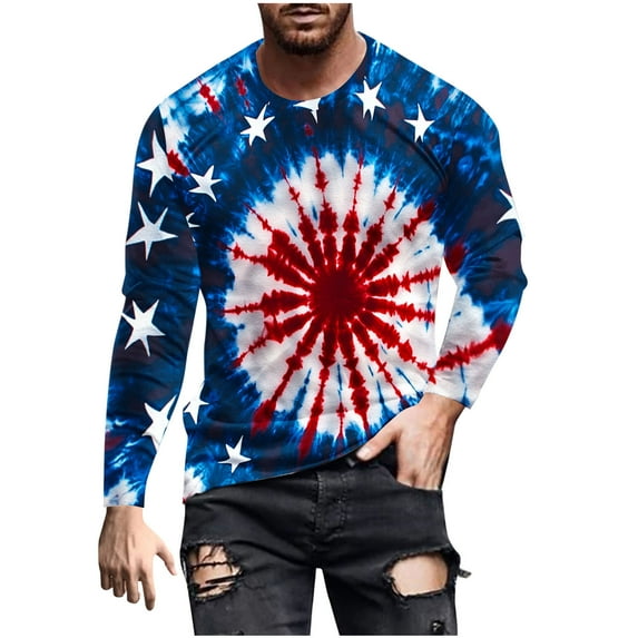 ZCFZJW Mens Long Sleeve Bleached T-Shirts Casual Tie Dye Print Crewneck Pullover Sweatshirts Loose Lightweight Comfy Graphic Athletic Tees Tops Blue#04 M