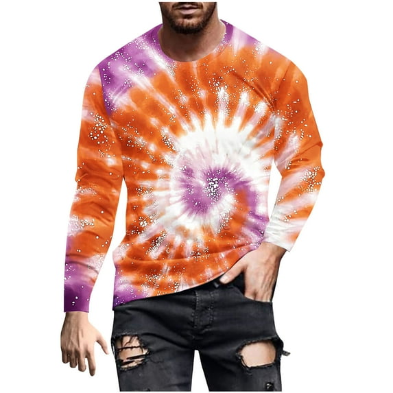 ZCFZJW Mens Long Sleeve Bleached T-Shirts Casual Tie Dye Print Crewneck Pullover Sweatshirts Loose Lightweight Comfy Graphic Athletic Tees Tops Gold XXXL