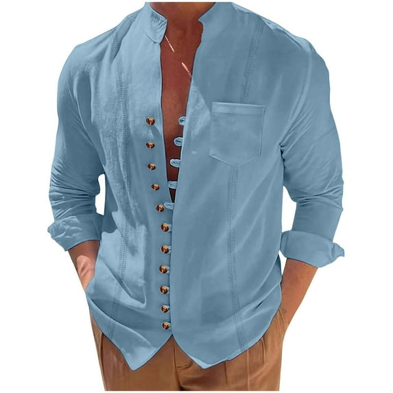 ZCFZJW Mens Long Sleeve Linen Shirt Button Up Loose Fit Vintage Shirts Banded Collar High Elastic Tops Trendy Solid Color Henley Shirt Light Blue M