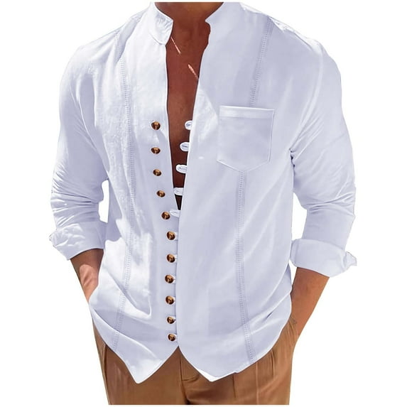 ZCFZJW Mens Long Sleeve Linen Shirt Button Up Loose Fit Vintage Shirts Banded Collar High Elastic Tops Trendy Solid Color Henley Shirt White XXXL