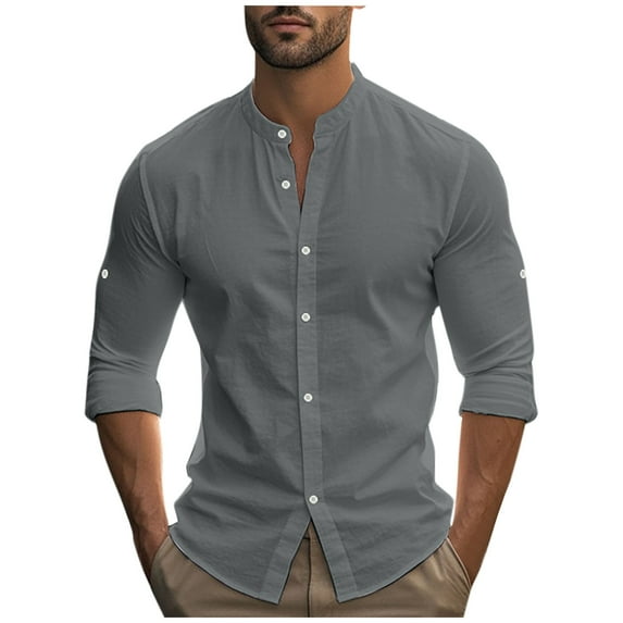 ZCFZJW Mens Long Sleeve Shirts Casual Rolled-up Sleeves Summer Button Down Shirt Men Band Collar Slim Fit Cotton Dress Shirts Gray S