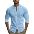 thumbnail image 1 of ZCFZJW Mens Long Sleeve Shirts Casual Rolled-up Sleeves Summer Button Down Shirt Men Band Collar Slim Fit Cotton Dress Shirts Light Blue XXXL, 1 of 9