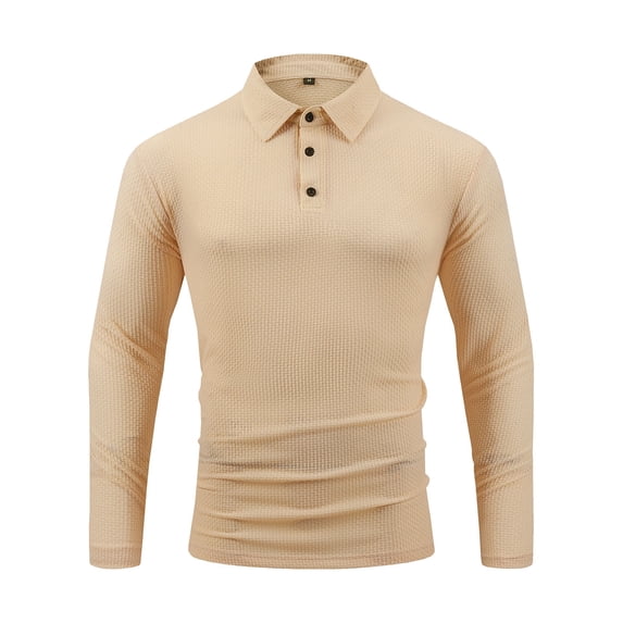 ZCFZJW Mens Long Sleeve Textured Polo Shirts Casual Fall Button Neckline Lapel Collar Pullover Sweater Tops Trendy Solid Color Basic Workout Tees Sweatshirt Khaki XL