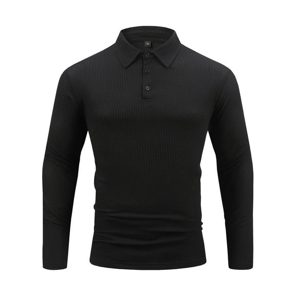 ZCFZJW Mens Long Sleeve Textured Polo Shirts Casual Fall Button Neckline Lapel Collar Pullover Sweater Tops Trendy Solid Color Basic Workout Tees Sweatshirt Black M