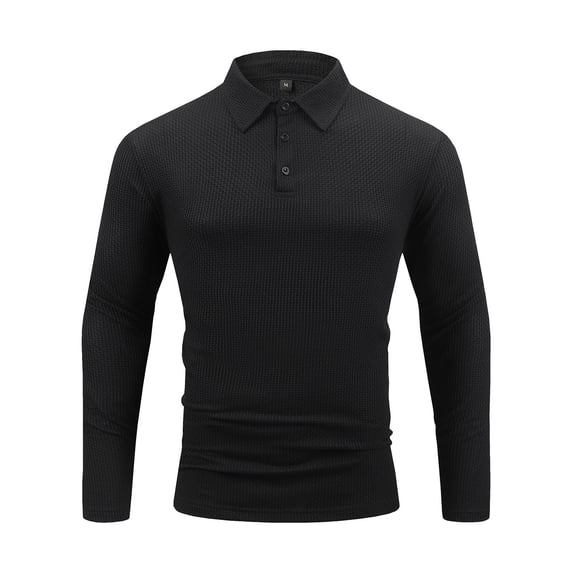 ZCFZJW Mens Long Sleeve Textured Polo Shirts Casual Fall Button Neckline Lapel Collar Pullover Sweater Tops Trendy Solid Color Basic Workout Tees Sweatshirt Black M